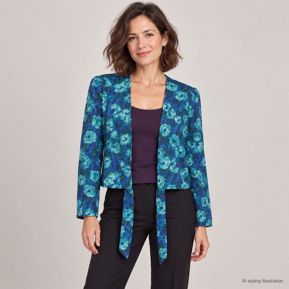 Papell Petites Floral Cropped Jacket Women 10 Blue Teal Vintage Aesthetic